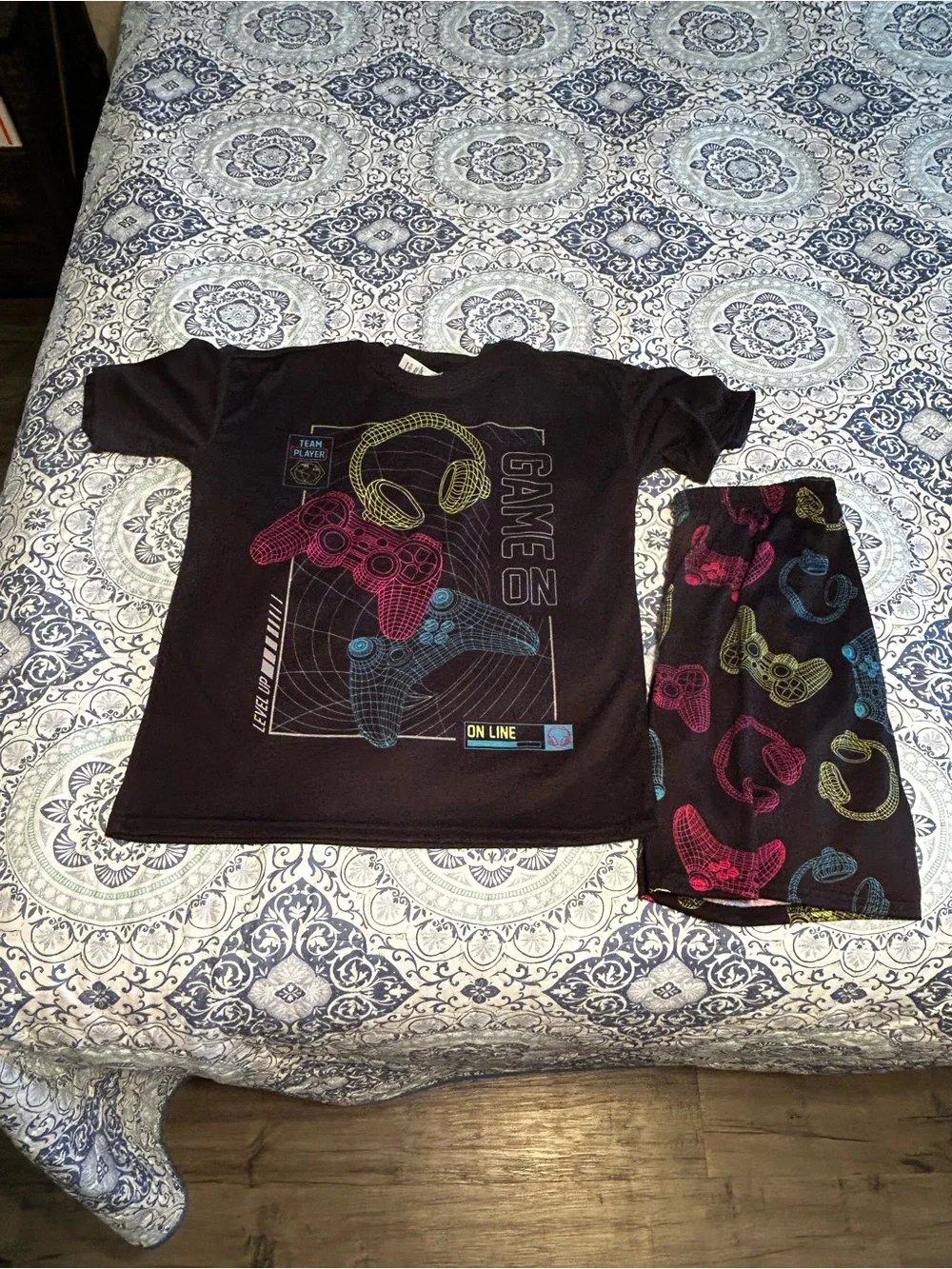Kids Boys Black 'Game On' Pajama Set with Neon Controller Print Size XL 14-16